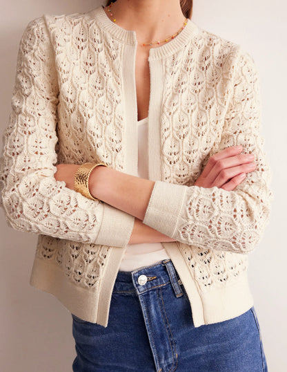Crochet Knit Cardigan-Warm Ivory