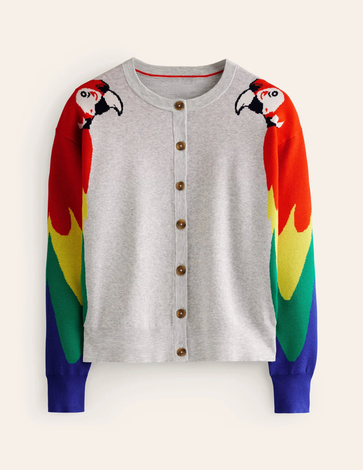 Novelty Knitted Cardigan-Pale Grey Melange, Parrots