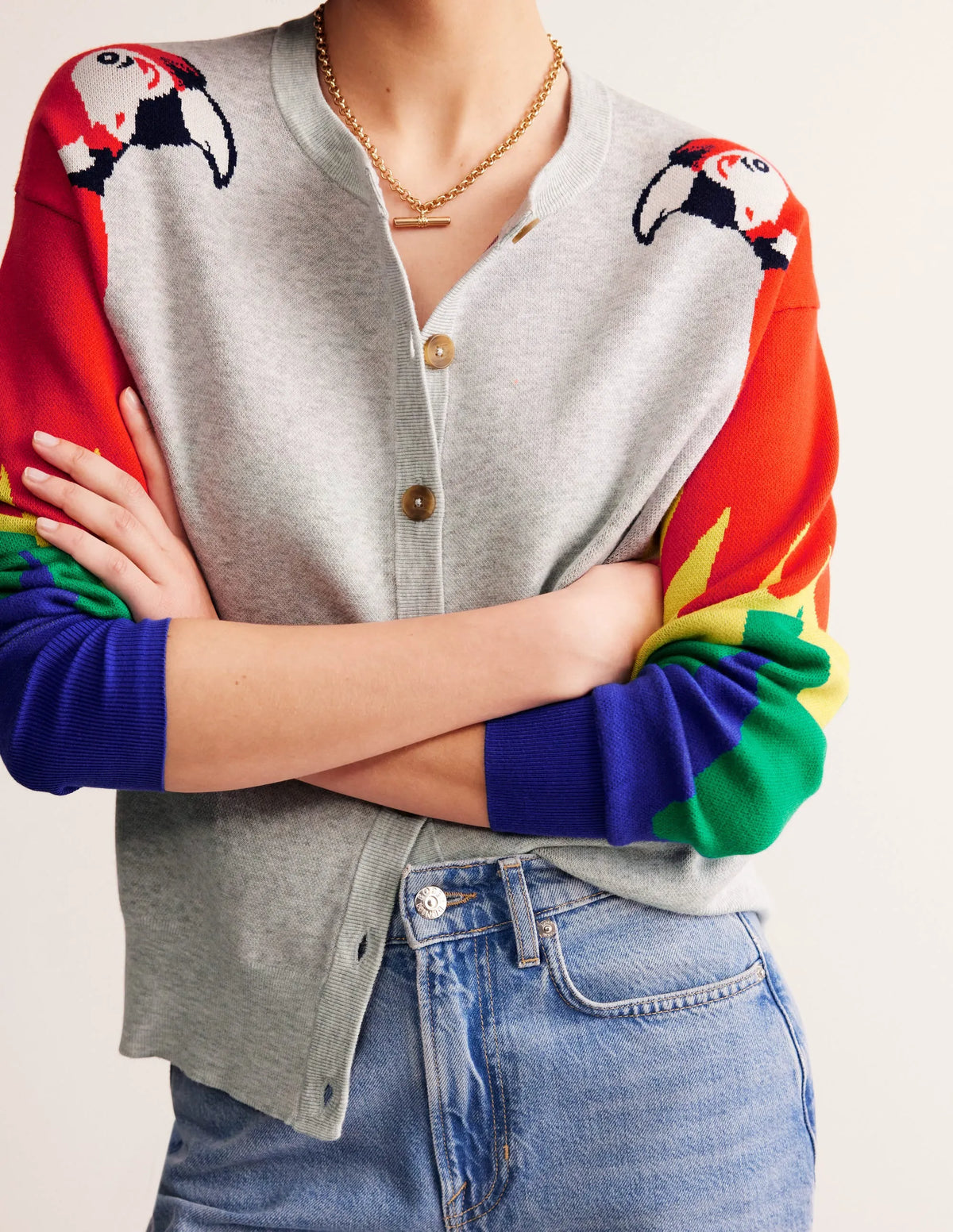 Novelty Knitted Cardigan-Pale Grey Melange, Parrots
