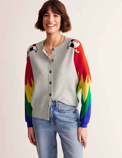 Novelty Knitted Cardigan-Pale Grey Melange, Parrots