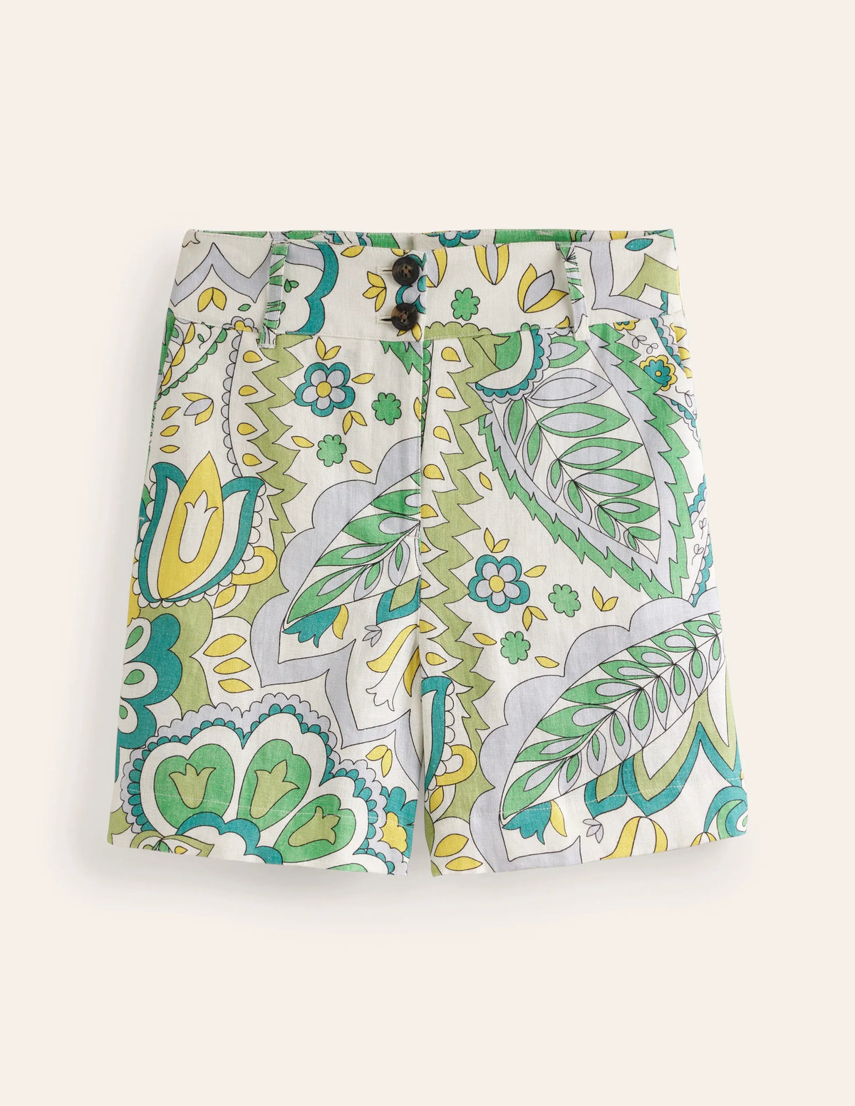 Westbourne Linen Shorts-Emerald, Foliage Paisley