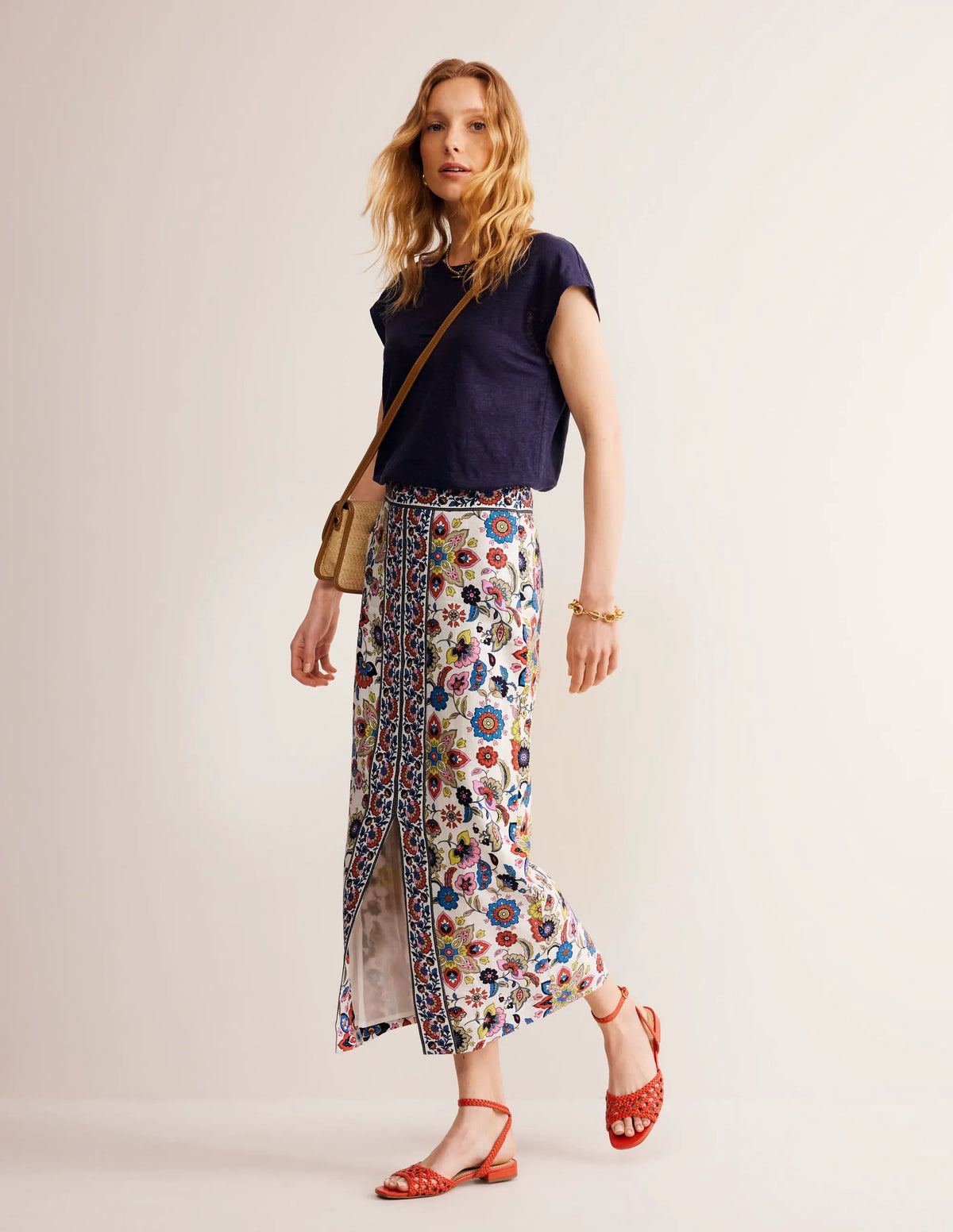 Split Front Column Linen Skirt-Ivory, Floral