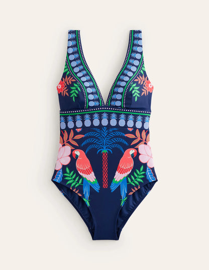 Porto V-neck Swimsuit-French Navy Parrots