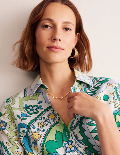 Sienna Linen Shirt-Emerald, Foliage Paisley