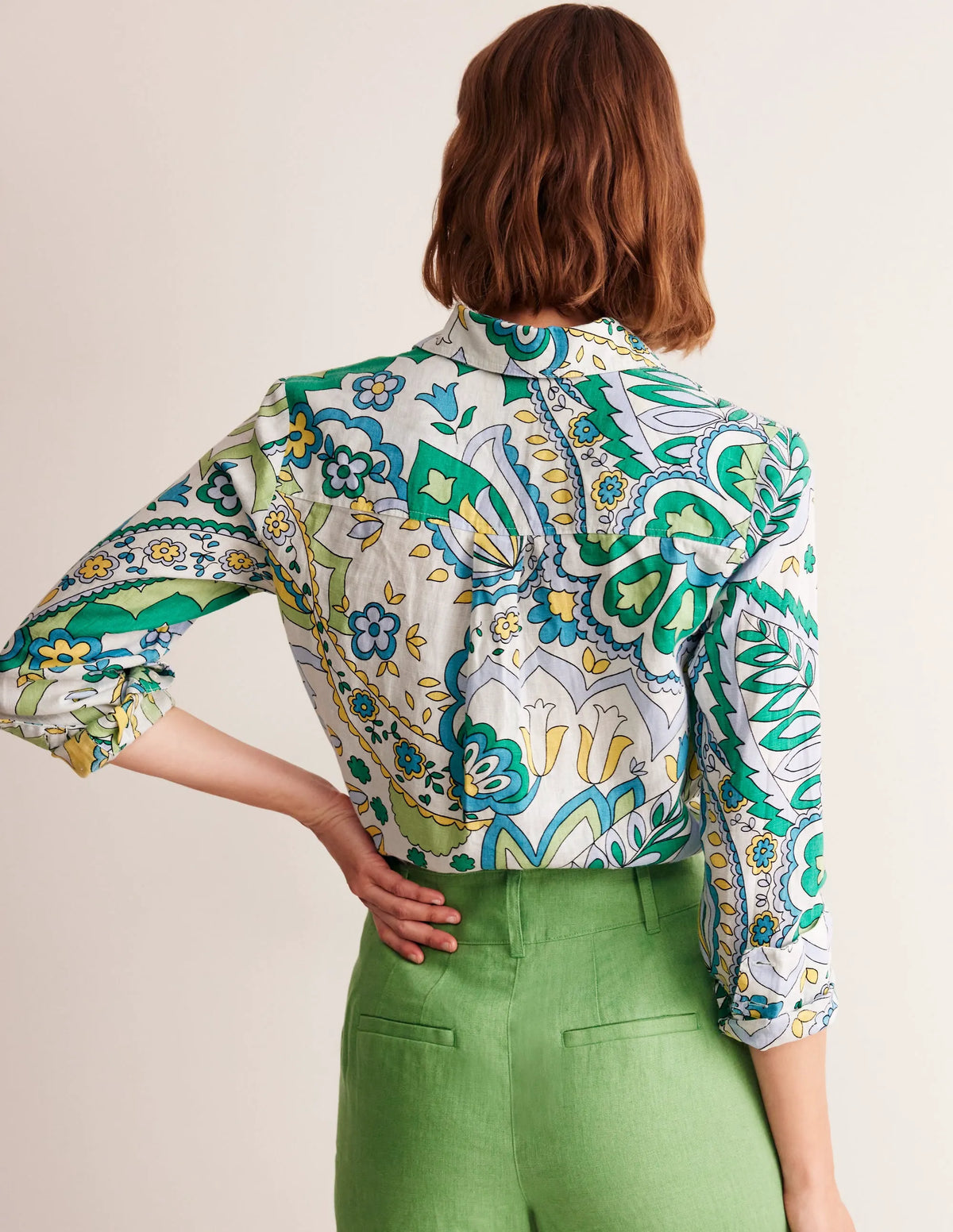 Sienna Linen Shirt-Emerald, Foliage Paisley