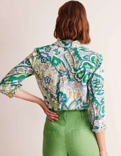 Sienna Linen Shirt-Emerald, Foliage Paisley