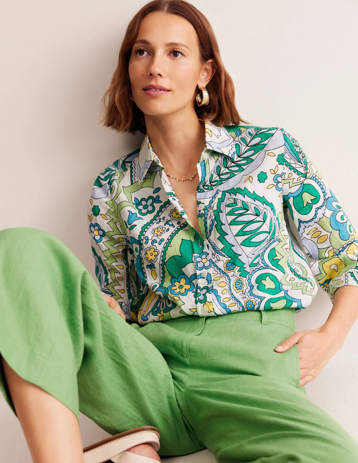 Sienna Linen Shirt-Emerald, Foliage Paisley