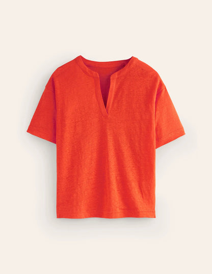 Notch Neck Linen Henley Top-Mandarin Orange