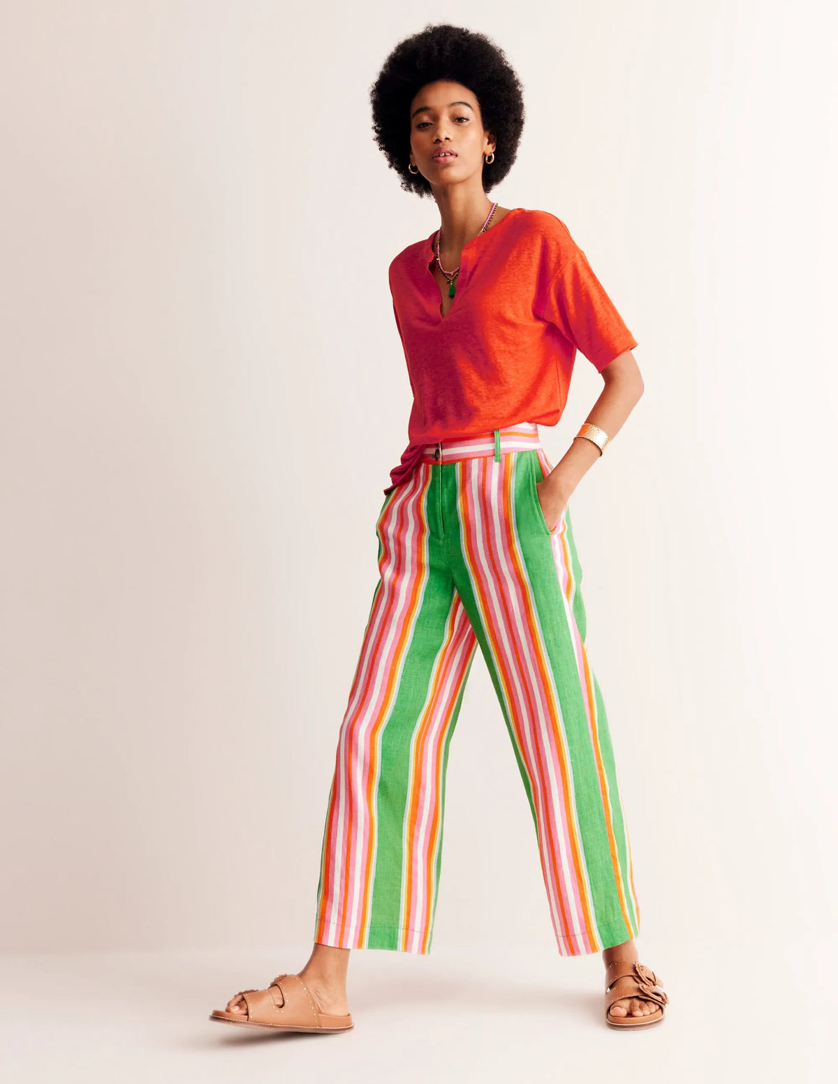 Notch Neck Linen Henley Top-Mandarin Orange