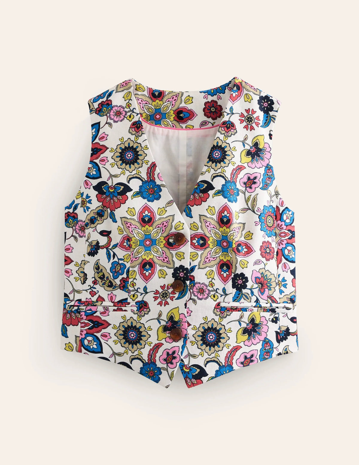 Linen V-Neck Waistcoat-Ivory, Botanic Sprig