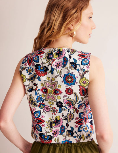 Linen V-Neck Waistcoat-Ivory, Botanic Sprig