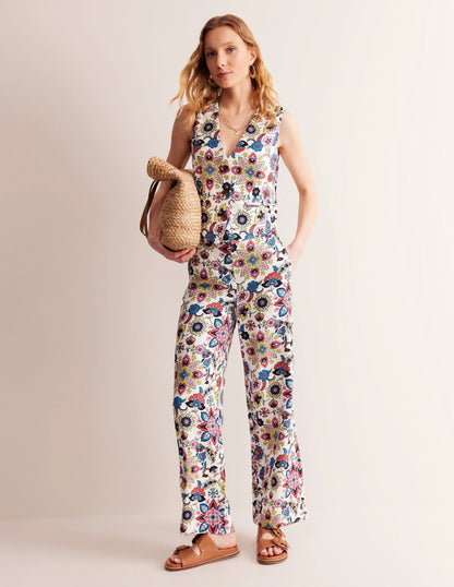Linen V-Neck Waistcoat-Ivory, Botanic Sprig