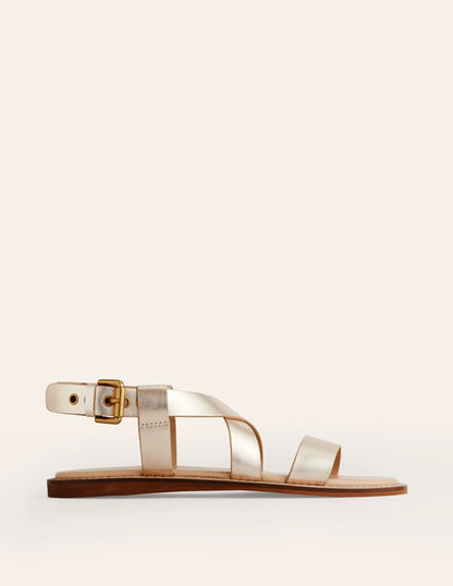 Cross Strap Flat Sandals-Gold Leather