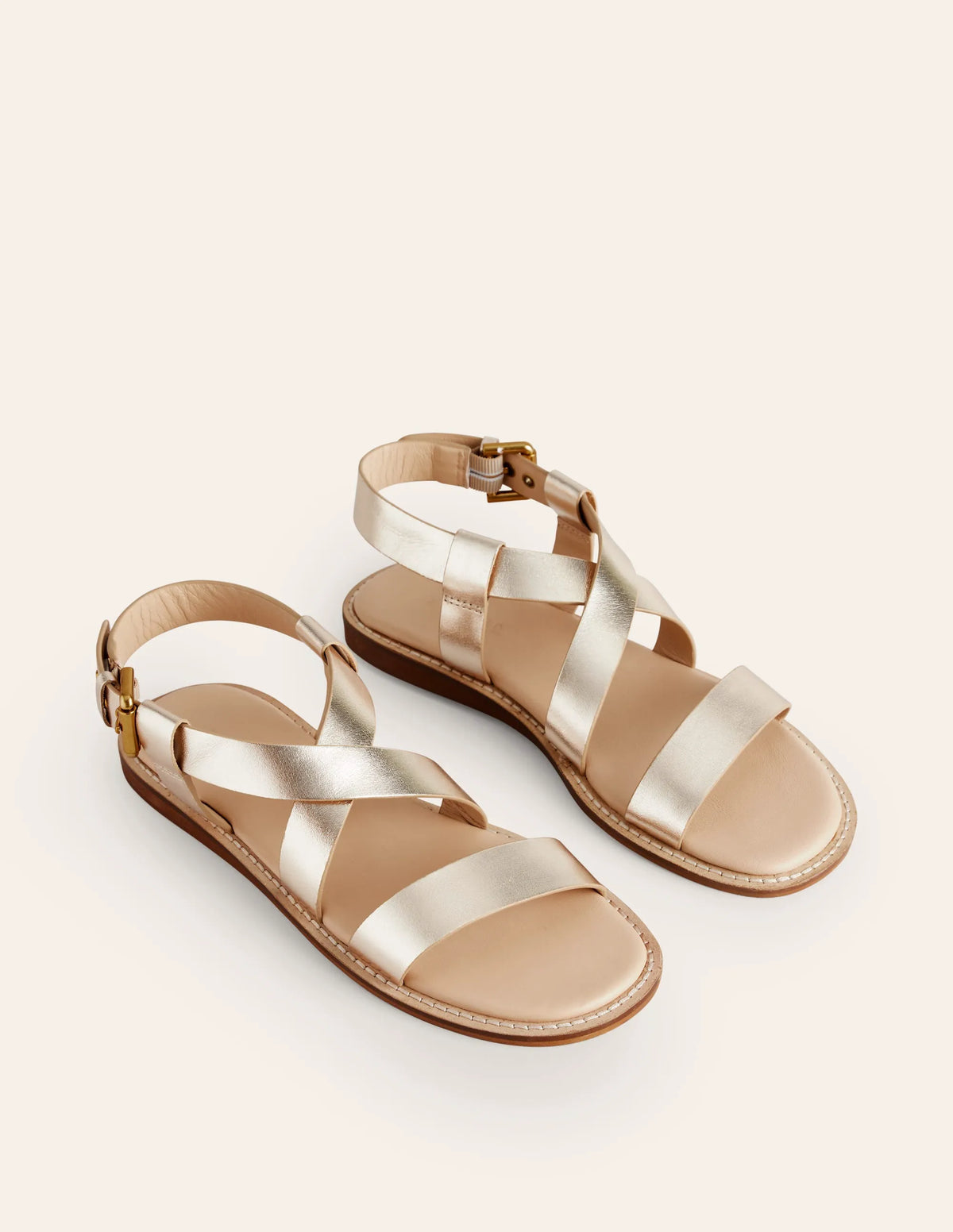 Cross Strap Flat Sandals-Gold Leather