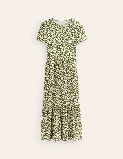 Emma Tiered Jersey Midi Dress-Moss, Animal Cheetah