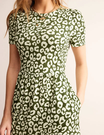 Emma Tiered Jersey Midi Dress-Moss, Animal Cheetah