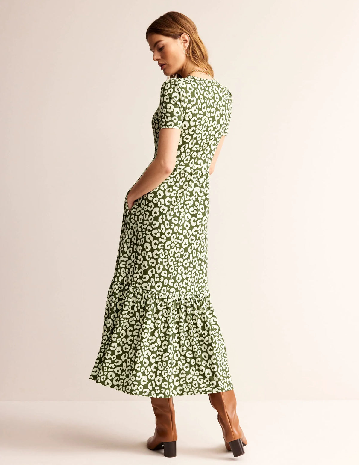 Emma Tiered Jersey Midi Dress-Moss, Animal Cheetah