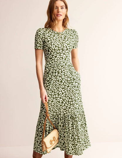 Emma Tiered Jersey Midi Dress-Moss, Animal Cheetah