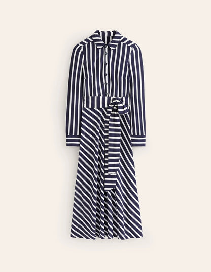 Laura Jersey Midi Shirt Dress-French Navy, Ivory Stripe