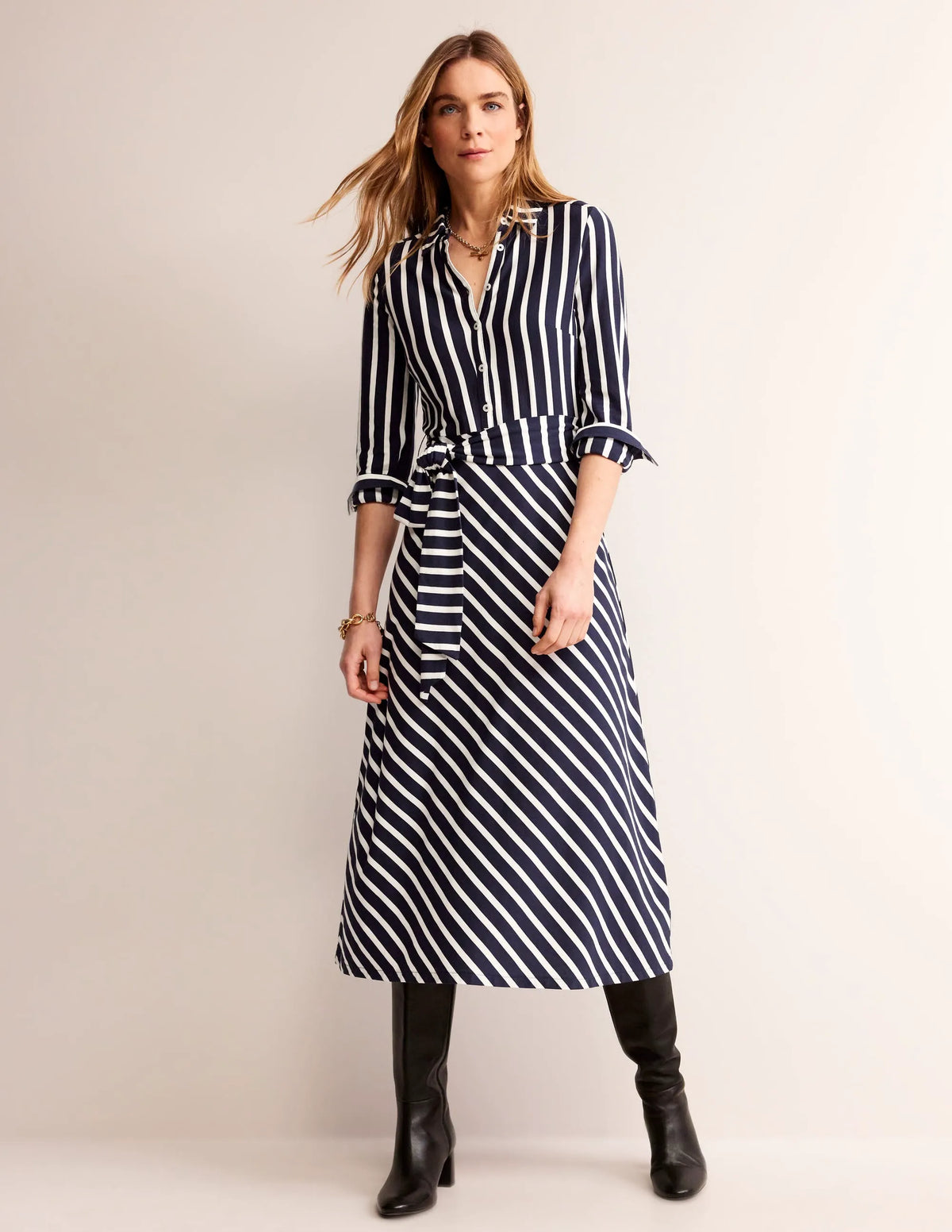 Laura Jersey Midi Shirt Dress-French Navy, Ivory Stripe