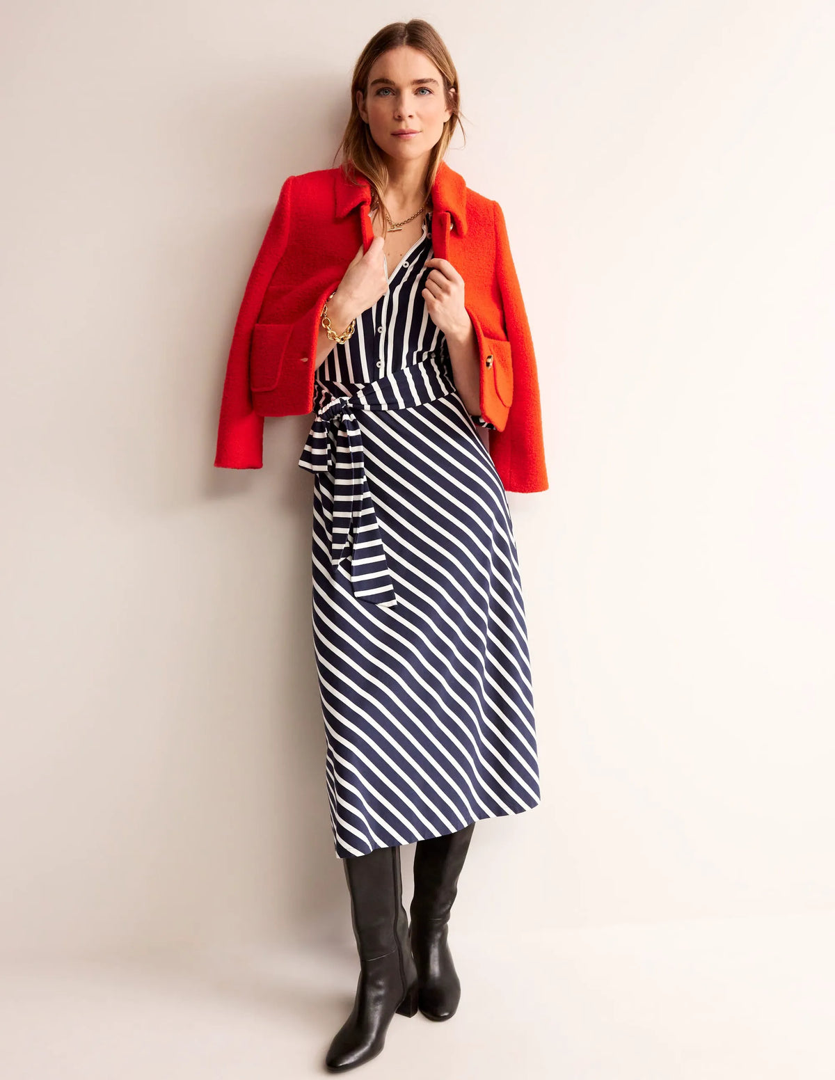 Laura Jersey Midi Shirt Dress-French Navy, Ivory Stripe