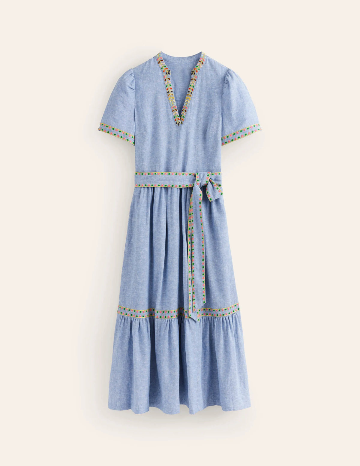 Embroidered Linen Blend Dress-Chambray