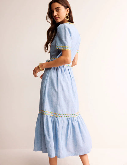 Embroidered Linen Blend Dress-Chambray