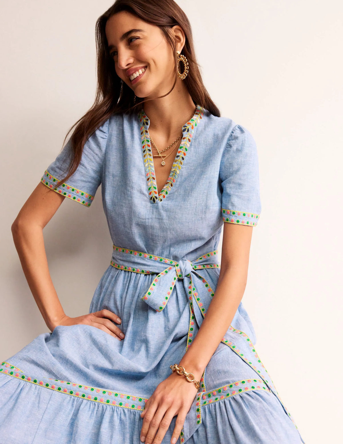 Embroidered Linen Blend Dress-Chambray