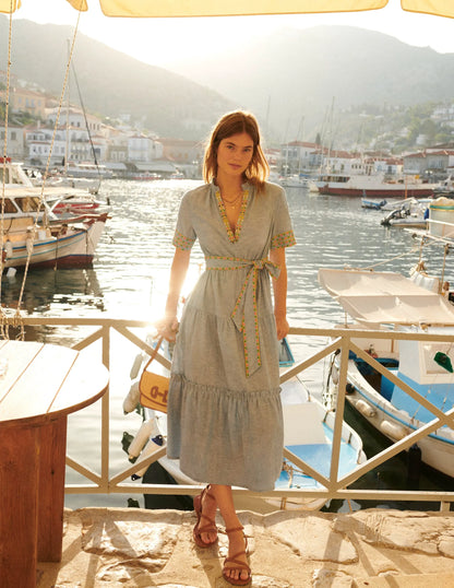 Embroidered Linen Blend Dress-Chambray