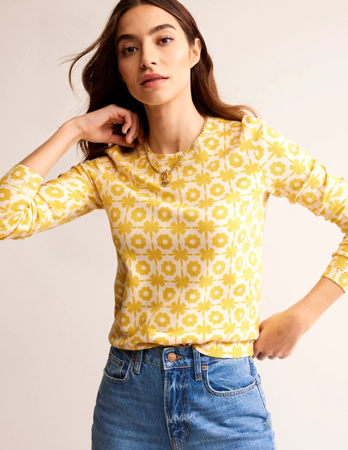 Catriona Cotton Crew Jumper-Mimosa Yellow Print