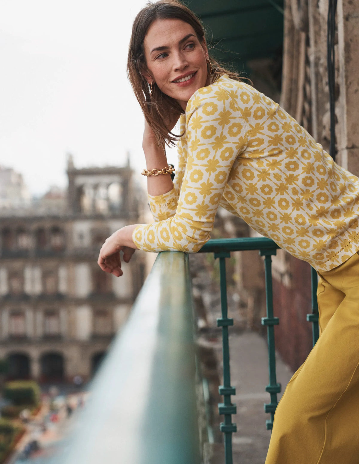 Catriona Cotton Crew Jumper-Mimosa Yellow Print