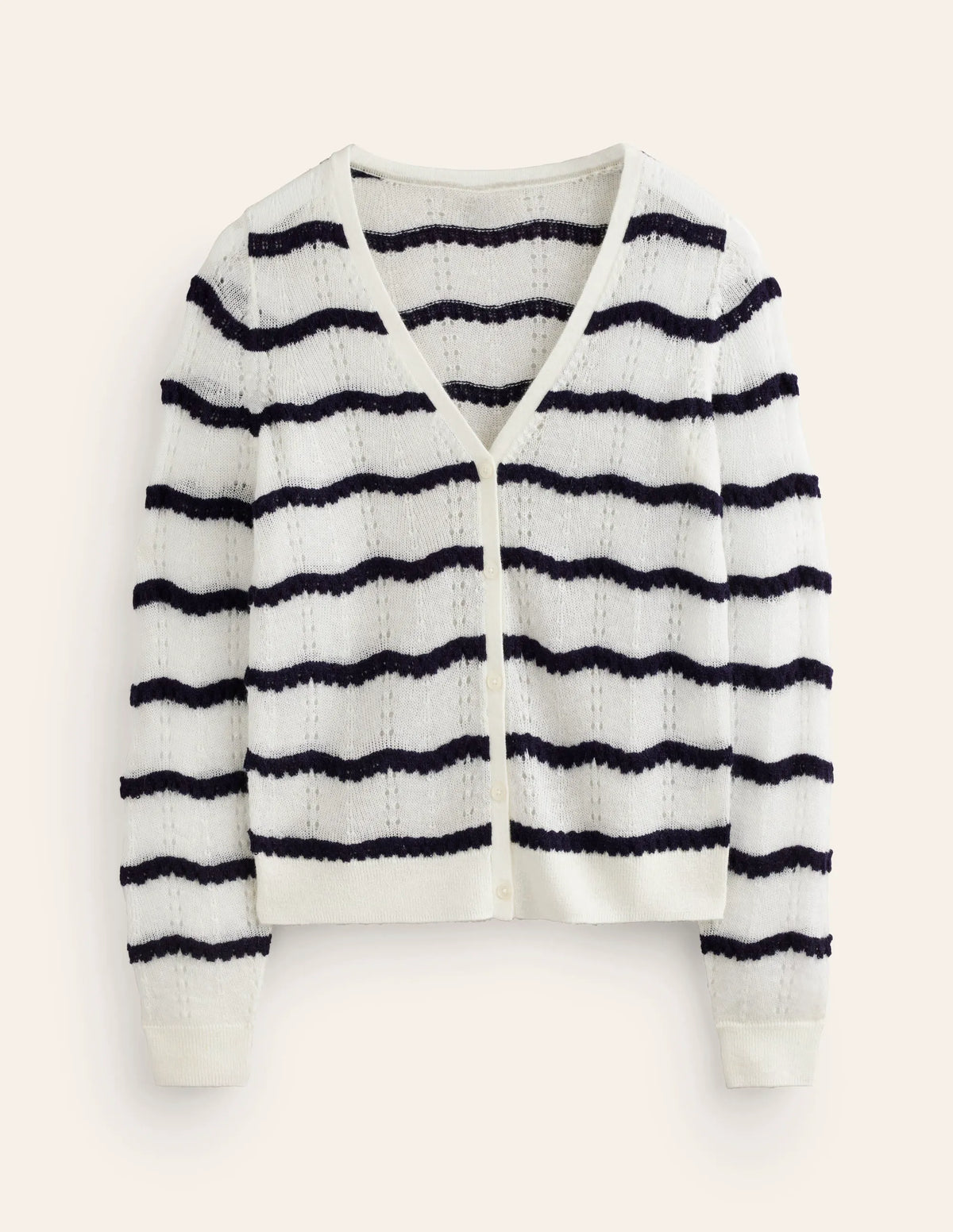Fluffy Pointelle Cardigan-Ivory. Naval Academy Stripe