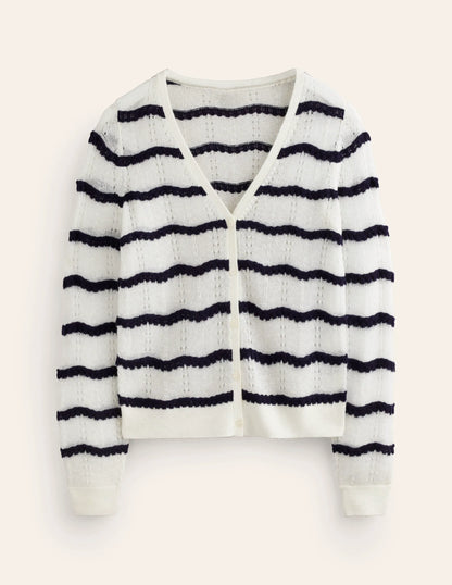 Fluffy Pointelle Cardigan-Ivory. Naval Academy Stripe