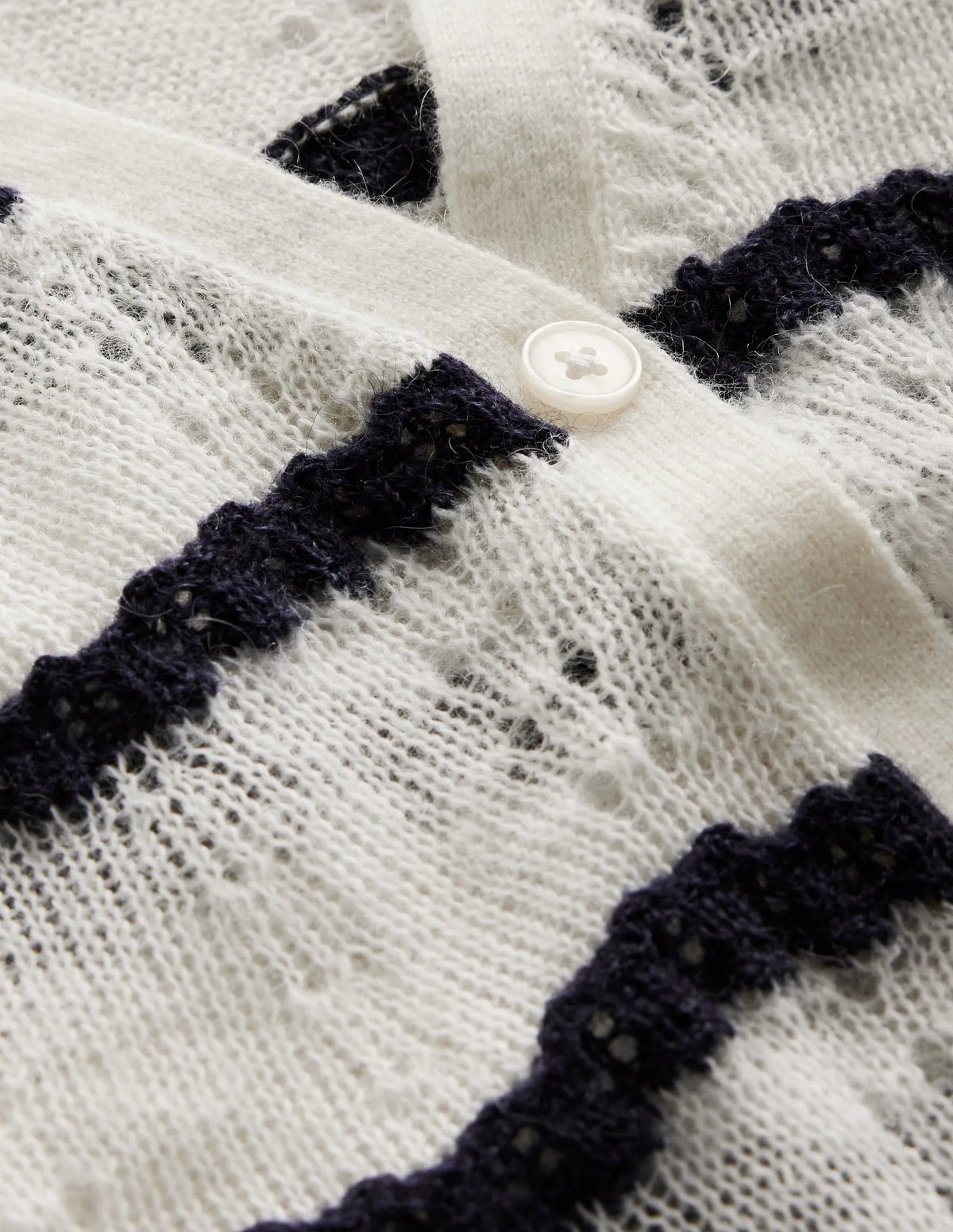 Fluffy Pointelle Cardigan-Ivory. Naval Academy Stripe