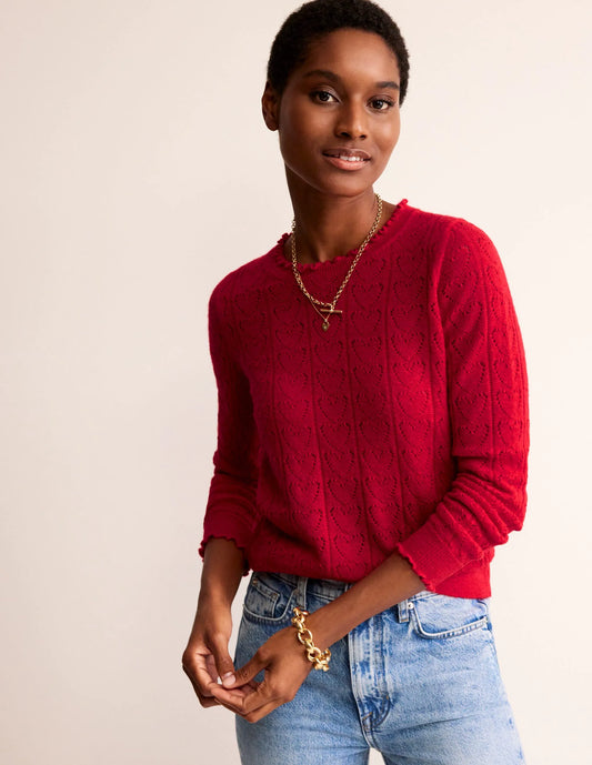 Fluffy Heart Pointelle Sweater-Flamenco Red