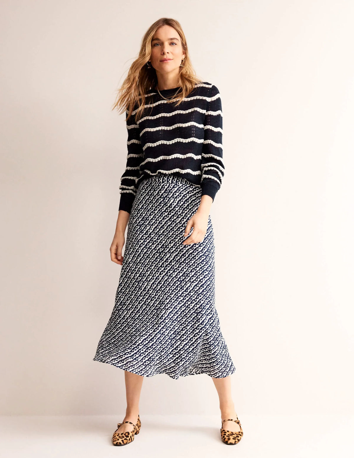 Fluffy Pointelle Sweater-Naval Academy, Ivory Stripe