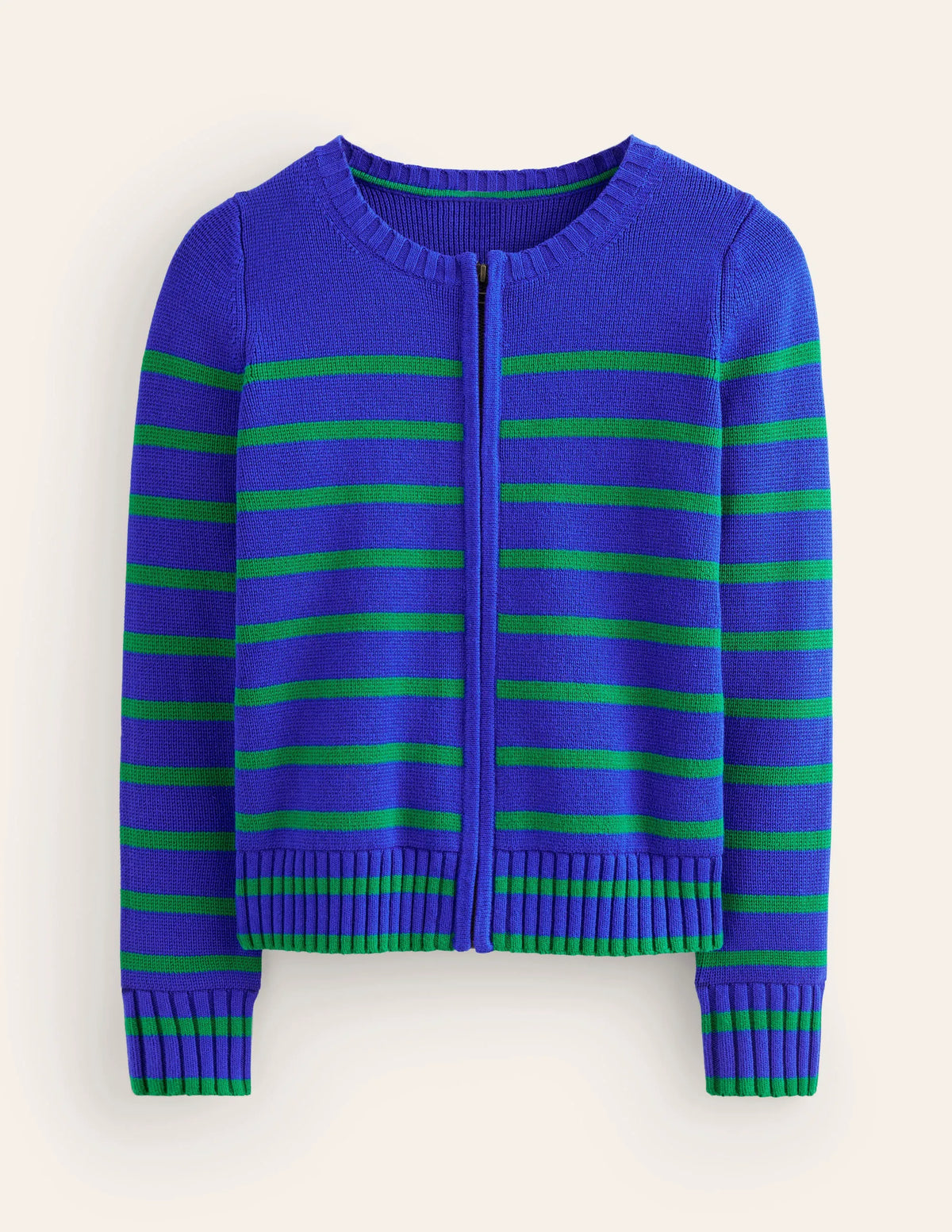 Cotton Breton Cardigan-Bright Blue, Green Stripe