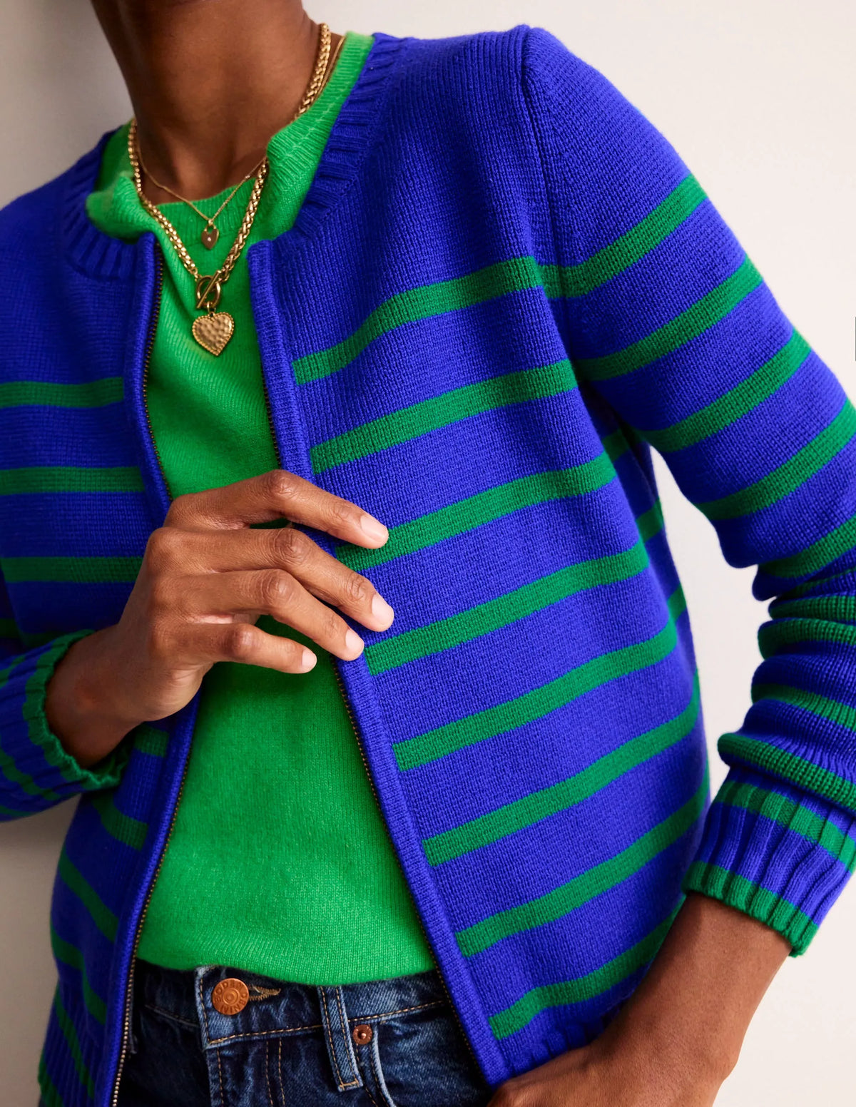 Cotton Breton Cardigan-Bright Blue, Green Stripe