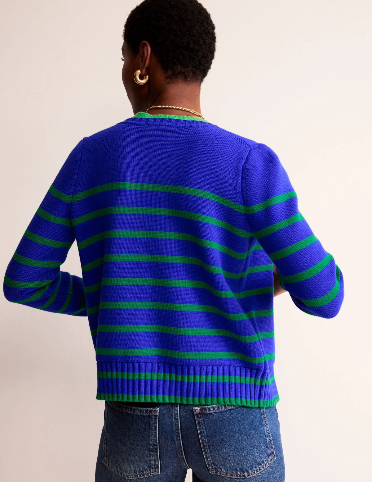 Cotton Breton Cardigan-Bright Blue, Green Stripe