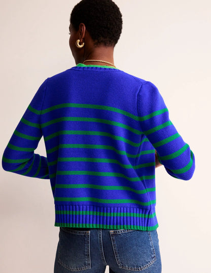 Cotton Breton Cardigan-Bright Blue, Green Stripe
