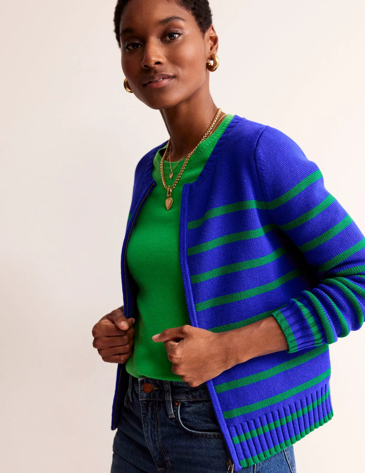 Cotton Breton Cardigan-Bright Blue, Green Stripe