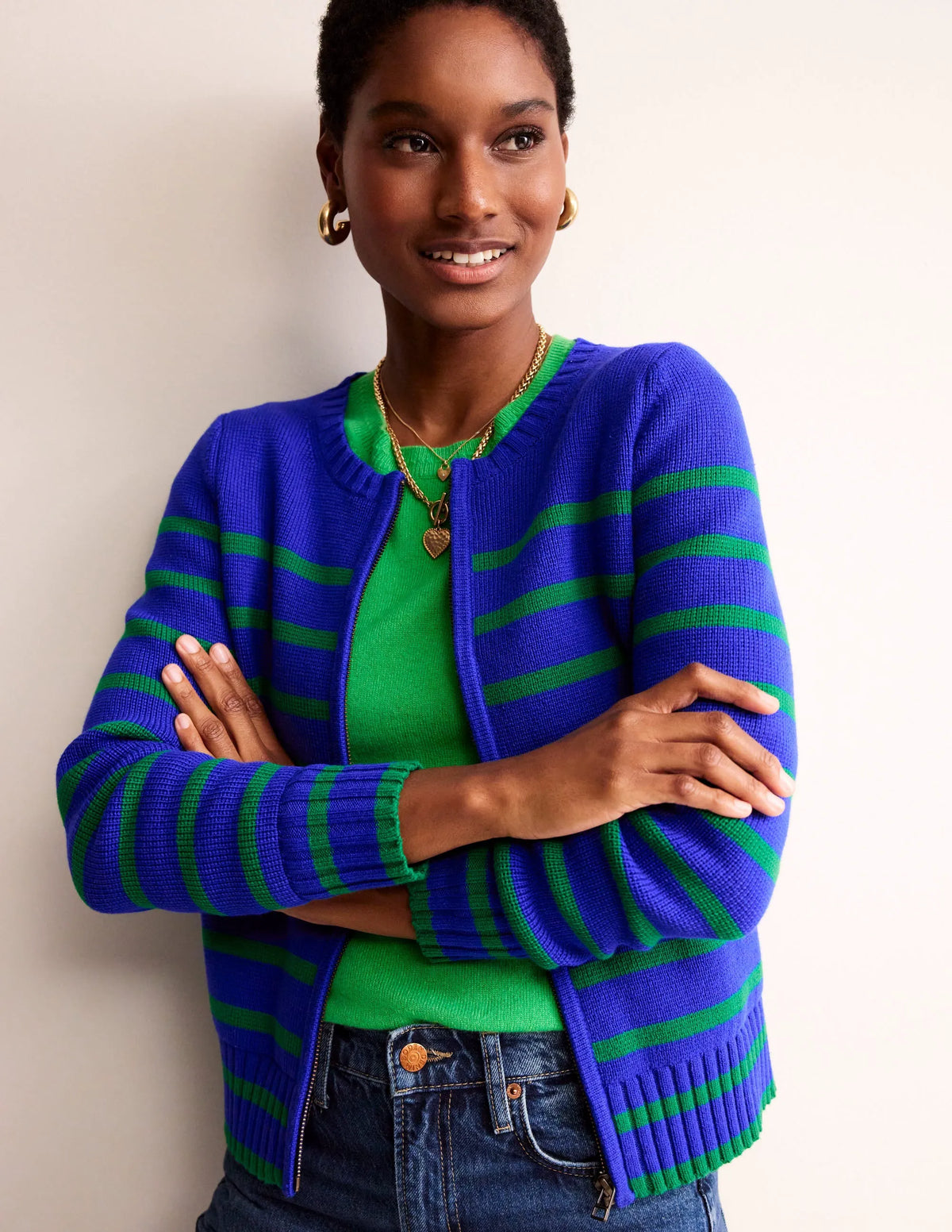 Cotton Breton Cardigan-Bright Blue, Green Stripe