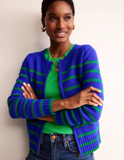 Cotton Breton Cardigan-Bright Blue, Green Stripe