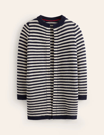 Longline Merino Cardigan-Navy, Warm Ivory Stripe