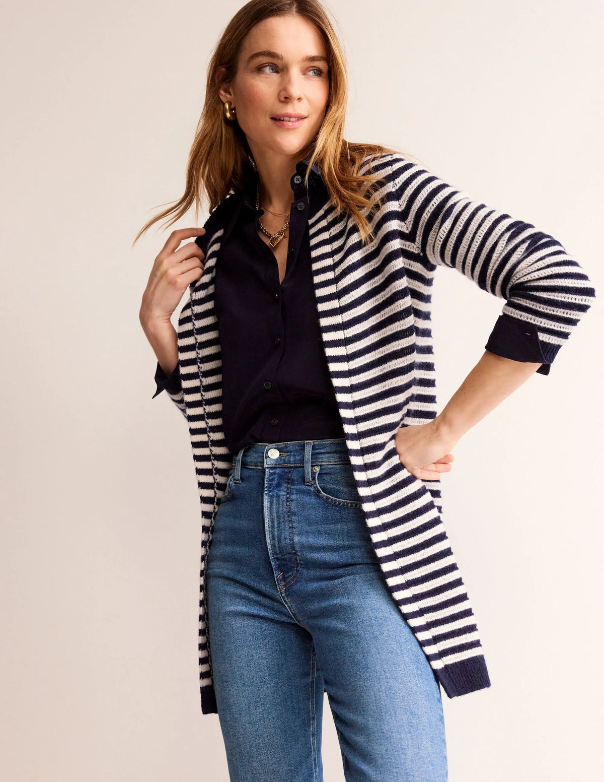 Longline Merino Cardigan-Navy, Warm Ivory Stripe