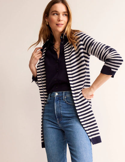 Longline Merino Cardigan-Navy, Warm Ivory Stripe