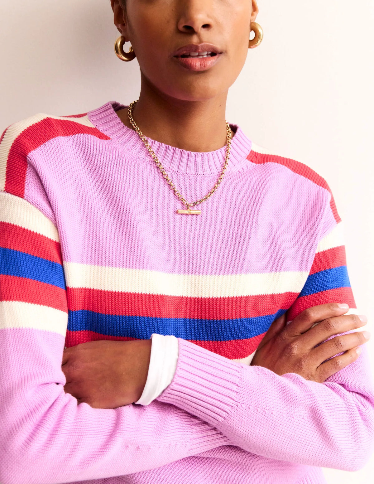 Stripe Knitted Sweater-Lilac, Warm Ivory, Red Stripe
