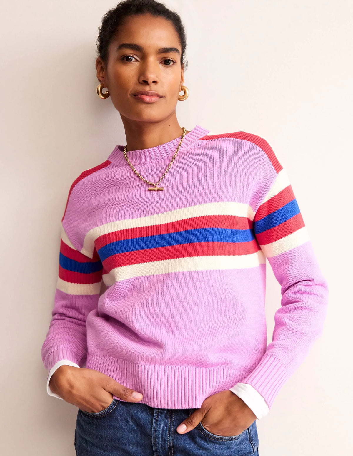 Stripe Knitted Sweater-Lilac, Warm Ivory, Red Stripe