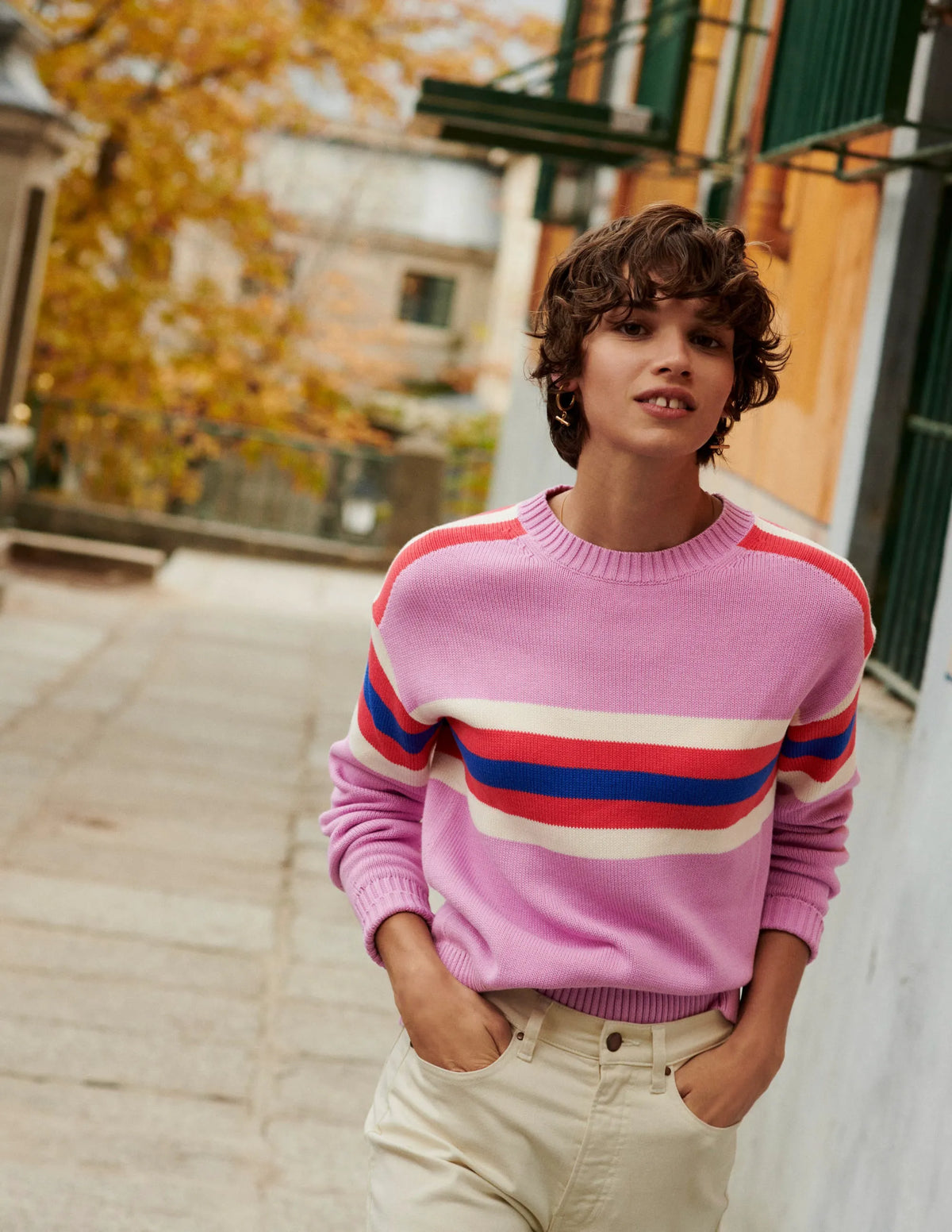 Stripe Knitted Sweater-Lilac, Warm Ivory, Red Stripe