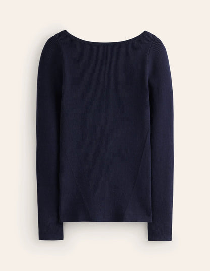 Cotton Rib Boat Neck Sweater-Navy